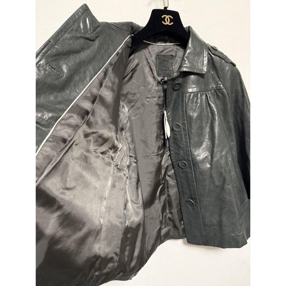 Banana Republic Genuine Leather Jacket Womens Medium Gray Epaulet Belted Cuffs - Picture 9 of 16